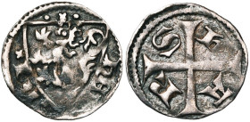 HERSTAL, Henri de Louvain (1254-1285), AR denier, à partir de 1282. D/ ··- HEN-RI Ecu au lion. R/ Croix pattée, cantonnée de H-A-R-S. Lucas 10; v.d....