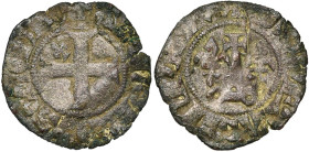 LOON, Graafschap, Arnold V (1279-1323), biljoen enkele toernooi. Vz/ + ARNOLDVS COMES Gevoet kruis met een lelie in het eerste kwartier. Kz/ + MONETA ...