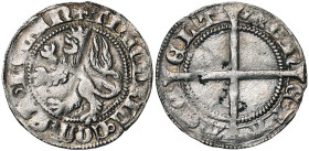 LOON, Graafschap, Diederik van Heinsberg (1336-1361), AR halve groot met de leeuw, na 1354, Hasselt. Vz/ + THEODRIC COMES LOCEN Klimmende leeuw n. l...