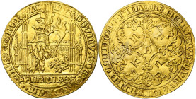 VLAANDEREN, Graafschap, Lodewijk van Male (1346-1384), AV gouden gehelmde leeuw (lion d'or heaumé), 1365-1367 en 1370, Gent. Vz/ Zittende gehelmde lee...