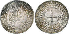 VLAANDEREN, Graafschap, Lodewijk van Male (1346-1384), AR dubbele groot (plak), 5e uitgifte (1380-1383), Mechelen. Met klaverblad, hoekige unciale E e...