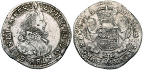 VLAANDEREN, Graafschap, Philips IV (1621-1665), AR dukaton, 1632, Brugge. Eerste type. Vz/ Bb. r., met brede kraag. Kz/ Gekroond wapenschild gehouden ...