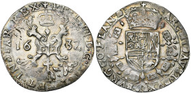 VLAANDEREN, Graafschap, Philips IV (1621-1665), AR kwart patagon, 1632, Brugge. Vz/ Gekroond stokkenkruis met een vuurijzer tussen het jaartal en het ...