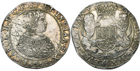 VLAANDEREN, Graafschap, Karel II (1665-1700), AR dukaton, 1668, Brugge. Eerste type. Vz/ Bb. r. als kind. Kz/ Gekroond wapenschild gesteund door twee ...