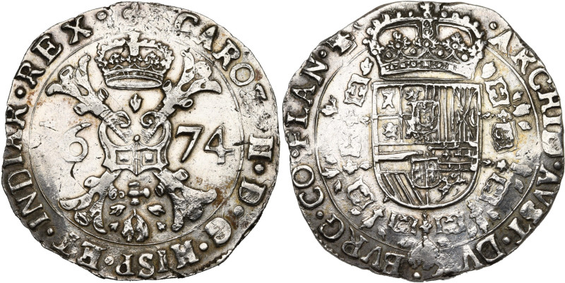 VLAANDEREN, Graafschap, Karel II (1665-1700), AR patagon, 1674, Brugge. Vz/ Gekr...