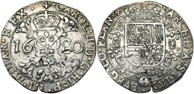 VLAANDEREN, Graafschap, Karel II (1665-1700), AR patagon, 1680, Brugge. Vz/ Gekroond stokkenkruis met een vuurijzer tussen het jaartal en het juweel v...