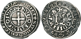 LIEGE, Principauté, Hugues de Chalon (1296-1301), AR gros tournois, Liège. Imitation du gros tournois à l'O rond de Philippe le Bel. D/ Croix pattée. ...