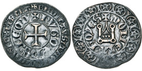 LIEGE, Principauté, Hugues de Chalon (1296-1301), AR gros tournois, Huy. D/ Croix pattée. Lég. intérieure: HVGO EPS LEOD'. R/ + MONETA HOYES' Châte...