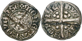 LIEGE, Principauté, Hugues de Chalon (1296-1301), AR esterlin, 1296-1298, Huy. D/ + MONETA HOYENSE T. de f., couronnée de roses. R/ HVG-ONI-S EP-ISC ...