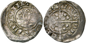 LIEGE, Principauté, Hugues de Chalon (1296-1301), AR esterlin, 1296-1298, Thuin. D/ + [MON]ETA DE TVIN T. de f., couronnée de roses. R/ HVG-ONI-S EP-...