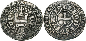 LIEGE, Principauté, Thibaut de Bar (1302-1312), AR gros tournois à l'O long, Liège. D/ Th'B• EPISCOPVS Châtel tournois entouré d'une bordure de onze l...