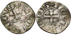 LIEGE, Principauté, Adolphe de la Marck (1313-1344), billon denier tournois, 1326-1332, Huy. D/ + ADVLPHVS: EPVS Perron entre deux tourelles. R/ + MON...