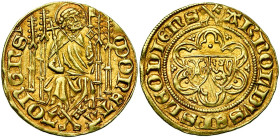 LIEGE, Principauté, Arnould de Hornes (1378-1389), AV florin d'or au saint Pierre, s.d., Tongres. D/ MONETA- TONGNS' Saint Pierre trônant de f. dans u...