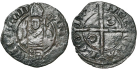 LIEGE, Principauté, Arnould de Hornes (1378-1389), billon brûlé, Liège. D/ ARNOLD- EPS LEOD B. de l'évêque de f., bénissant et ten. la crosse, au-dess...