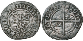 LIEGE, Principauté, Jean de Bavière, élu (1389-1418), Cu brûlé, s.d. (1389), Liège. D/ Ecu écartelé de Bavière-Palatinat. R/ Croix longue cantonnée de...