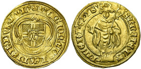 LIEGE, Principauté, Jean de Heinsberg (1419-1455), AV florin d'or postulat (vieux postulat), s.d. (1453). D/ + MON' IOH' EPS' LEODIEN' DVX BVL' Ecu à ...