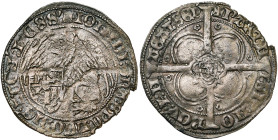 LIEGE, Principauté, Jean de Heinsberg (1419-1455), AR griffon, s.d., Liège. D/ Griffon assis à g., ten. l'écu écartelé de l'évêque. R/ Croix pattée co...