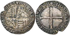 LIEGE, Principauté, Jean de Heinsberg (1419-1455), AR double gros (plaque), 1437, Hasselt (?). D/ + IOH EPS LEODIEN DX BVLLO Z COM LOS Armes écartelée...