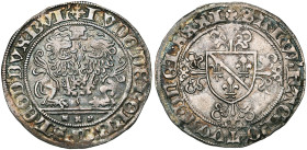 LIEGE, Principauté, Louis de Bourbon (1456-1482), AR double patard, 1481, Liège ou Hasselt. Différent: croisette. D/ Deux lions affrontés sous un briq...