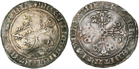 LIEGE, Principauté, Louis de Bourbon (1456-1482), AR patard (aidant), 1478, Hasselt. Différent: étoile. D/ Lion assis à g., soutenant l'écu incliné de...