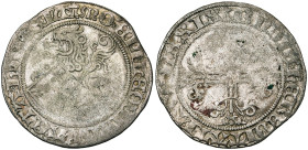 LIEGE, Principauté, Louis de Bourbon (1456-1482), AR patard (aidant), 1479, Hasselt. Différent: tour. D/ Lion assis à g., soutenant l'écu incliné de B...