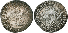 LIEGE, Principauté, Louis de Bourbon (1456-1482), AR patard (aidant), 1480, Liège (?). Différent: tour. D/ MO LVDOVIC' EPS' LEODIENSIS Lion assis à g....