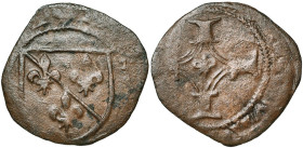 LIEGE, Principauté, Louis de Bourbon (1456-1482), Cu petit brûlé, s.d. (1456), Hasselt. D/ Ecu de Bourbon. R/ Croix pattée, un lis en coeur. Chestret ...