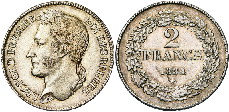 BELGIQUE, Royaume, Léopold Ier (1831-1865), AR 2 francs, 1834. Pos. A. Lettres i...