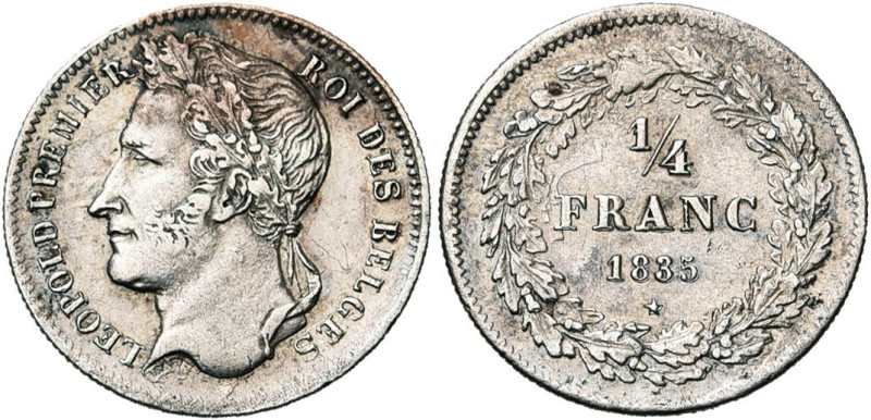 BELGIQUE, Royaume, Léopold Ier (1831-1865), AR 1/4 de franc, 1835. Avec signatur...