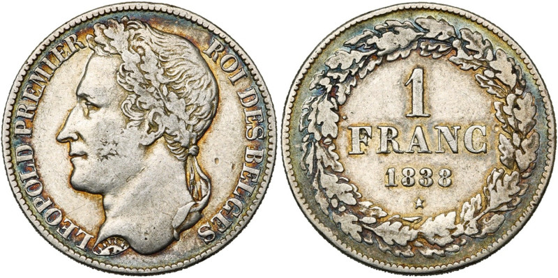 BELGIQUE, Royaume, Léopold Ier (1831-1865), AR 1 franc, 1838. Petite étoile. Bog...