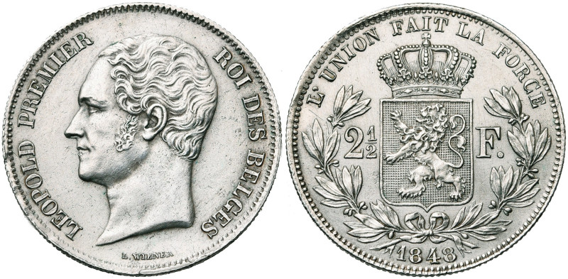 BELGIQUE, Royaume, Léopold Ier (1831-1865), AR 2 1/2 francs, 1848. Petite tête. ...