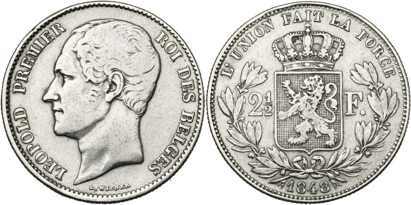 BELGIQUE, Royaume, Léopold Ier (1831-1865), AR 2 1/2 francs, 1848. Grande tête. ...