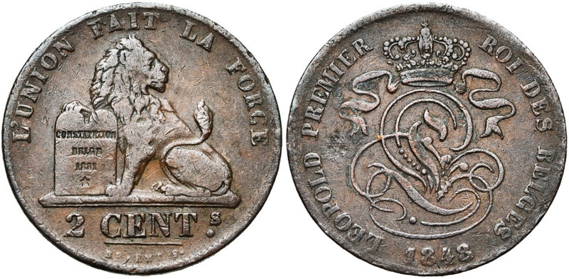 BELGIQUE, Royaume, Léopold Ier (1831-1865), Cu 2 centimes, 1848. Dupriez 389. Ra...