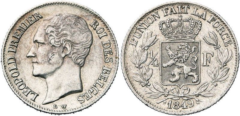 BELGIQUE, Royaume, Léopold Ier (1831-1865), AR 1/4 de franc, 1849. L W sans poin...