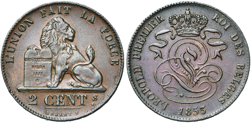 BELGIQUE, Royaume, Léopold Ier (1831-1865), Cu 2 centimes, 1853. BRAEMT F sans p...