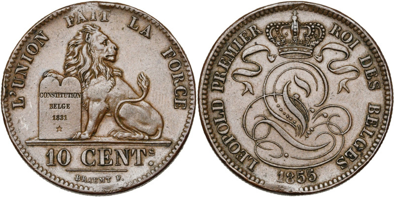 BELGIQUE, Royaume, Léopold Ier (1831-1865), Cu 10 centimes, 1855. Dupriez 563. R...