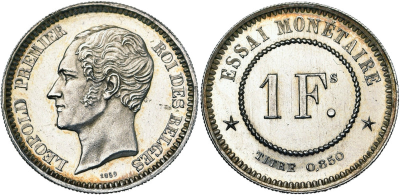 BELGIQUE, Royaume, Léopold Ier (1831-1865), 1 franc, 1859. Essai de Wiener en ar...