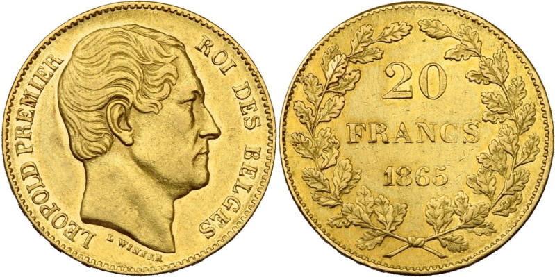 BELGIQUE, Royaume, Léopold Ier (1831-1865), AV 20 francs, 1865. Pos. B, L WIENER...