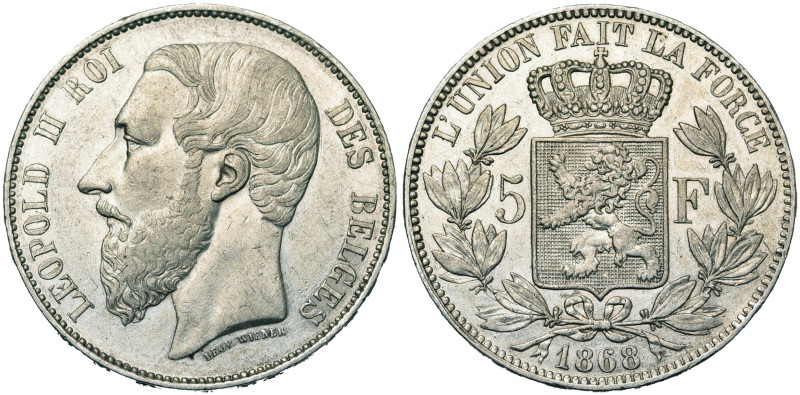 BELGIQUE, Royaume, Léopold II (1865-1909), AR 5 francs, 1868. Pos. A. Grande têt...