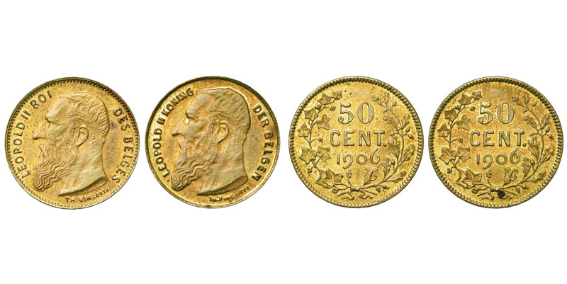 BELGIQUE, Royaume, Léopold II (1865-1909), lot de 2 essais en laiton: 50 centime...