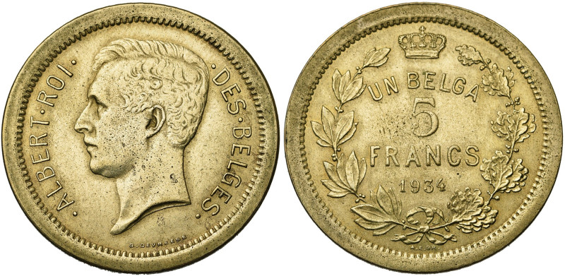 BELGIQUE, Royaume, Albert Ier (1909-1934), 5 francs, 1934 FR. Essai en bronze cl...