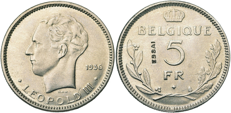 BELGIQUE, Royaume, Léopold III (1934-1951), 5 francs, 1936 FR. Essai en nickel. ...