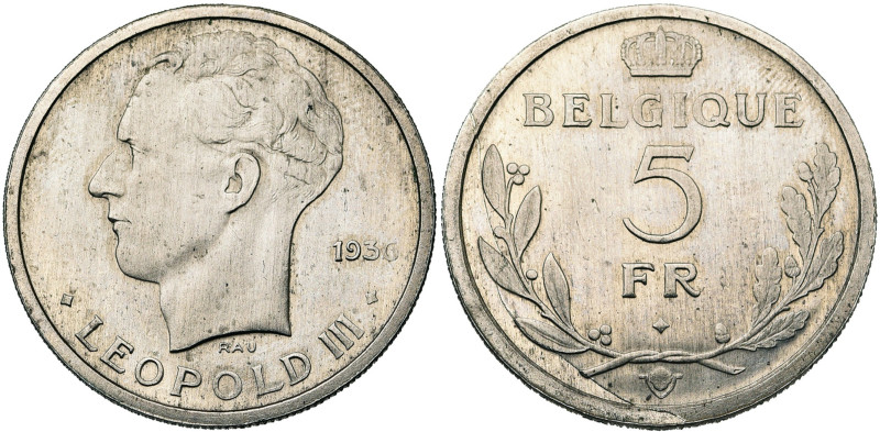 BELGIQUE, Royaume, Léopold III (1934-1951), 5 francs, 1936 FR. Grande tête. Essa...