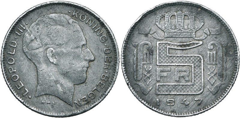 BELGIQUE, Royaume, Régence du prince Charles (1944-1950), zinc 5 frank, 1947 NL....