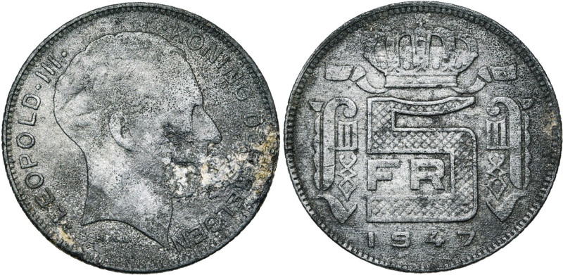 BELGIQUE, Royaume, Régence du prince Charles (1944-1950), zinc 5 frank, 1947 NL....