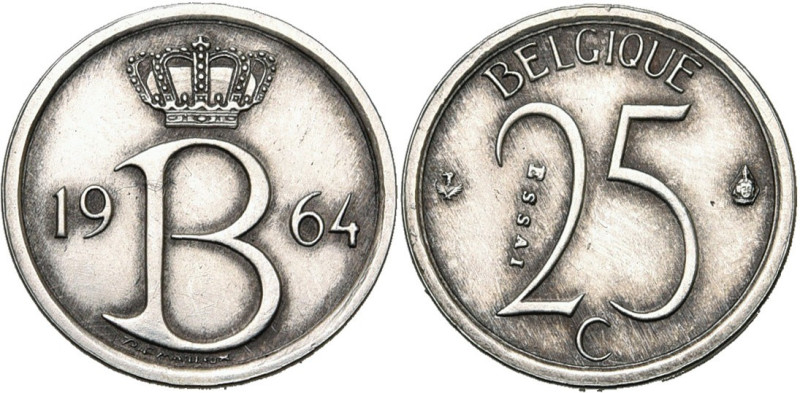 BELGIQUE, Royaume, Baudouin (1951-1993), 25 centimes, 1964 FR. Essai en argent. ...