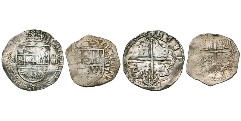 ESPAGNE, Philippe II (1556-1598), lot de 2 p.: 4 reales, s.d. et 2 reales, 1589 ...