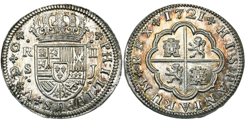 ESPAGNE, Philippe V (1700-1746), AR 2 reales, 1721 J, Séville. D/ Ecu couronné. ...