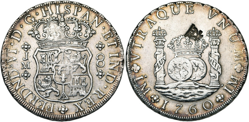 PEROU, Ferdinand VI (1746-1759), AR 8 reales, 1760 JM, Lima. D/ Ecu couronné. R/...