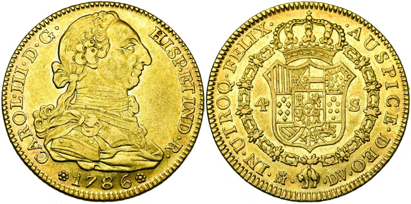 ESPAGNE, Charles III (1759-1788), AV 4 escudos, 1786 DV, Madrid. D/ B. dr. et cu...